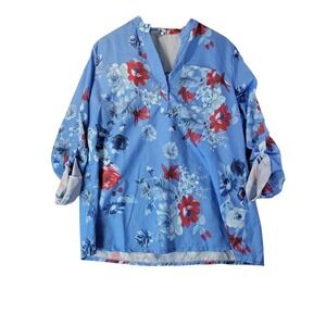3XL Blue Floral Roll Tab Sleeve Blouse Split Neck Pocket Cotton Blend Top Shirt